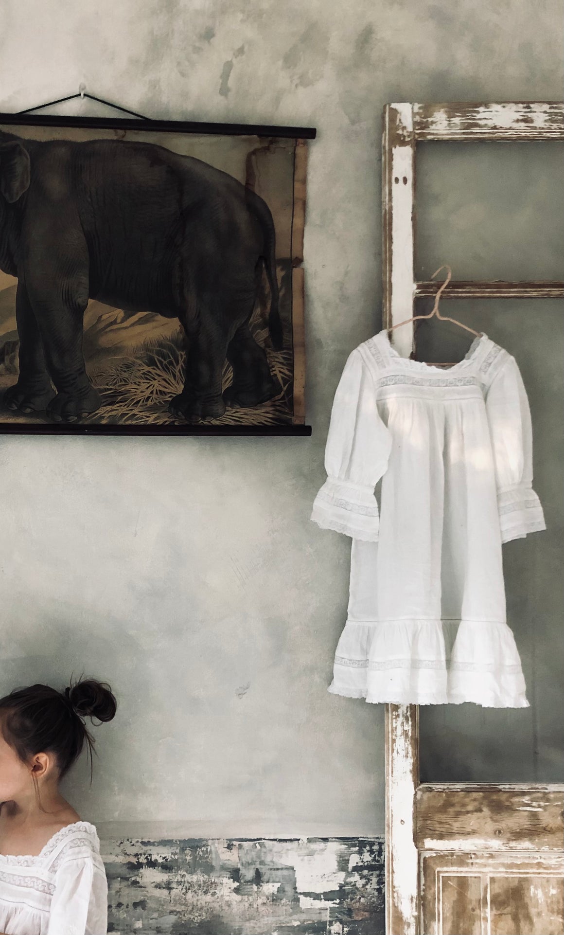 Lace insert and floral embroidered white organic cotton nightie dress