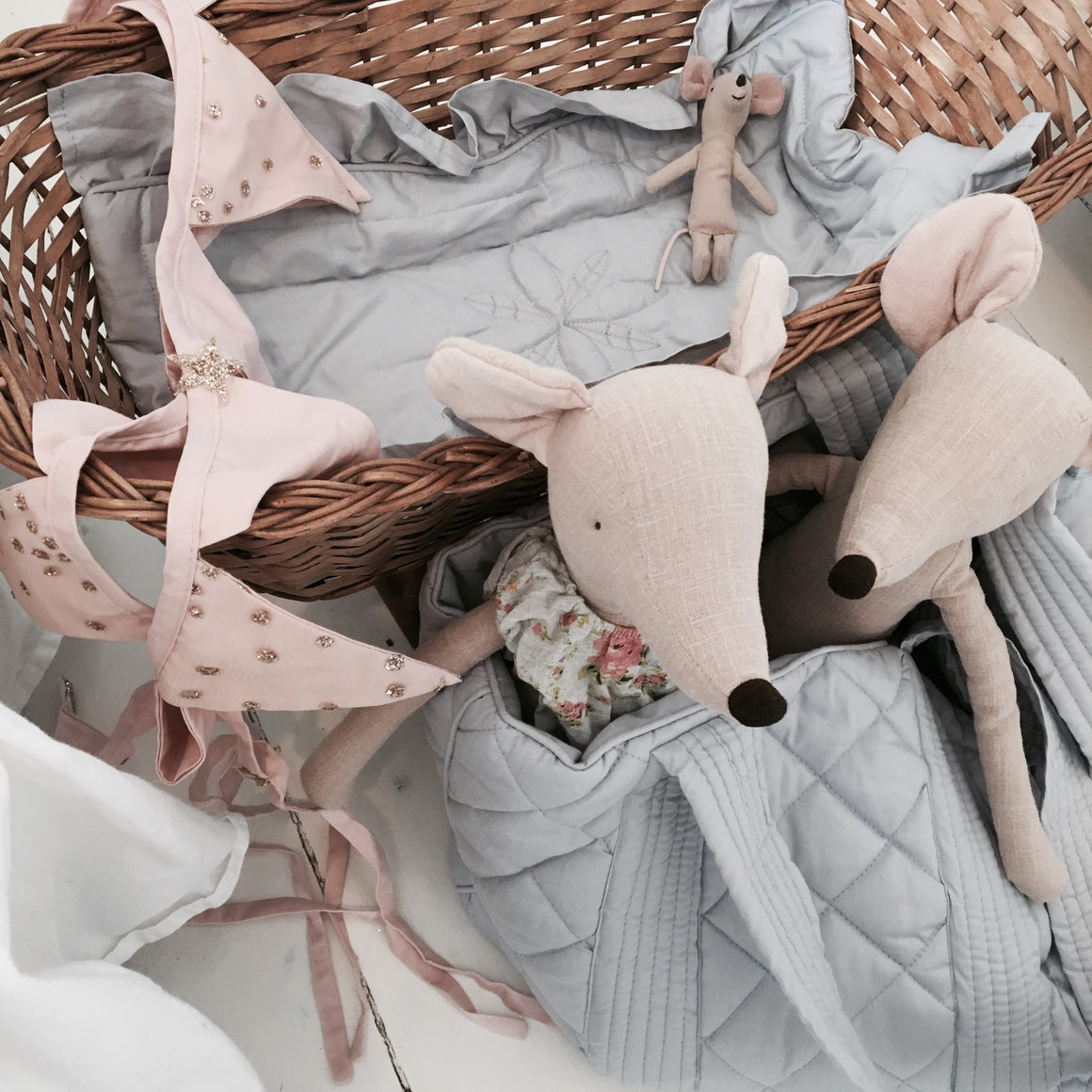 Dove grey nappy bag and dolls blanket