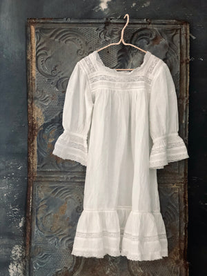 Lace insert and floral embroidered white organic cotton nightie dress