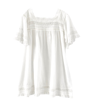 embroidered flower and lace insert white organic cotton nightie dress