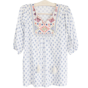 Ladies bonne mere moroccan cotton print dress santorini blue